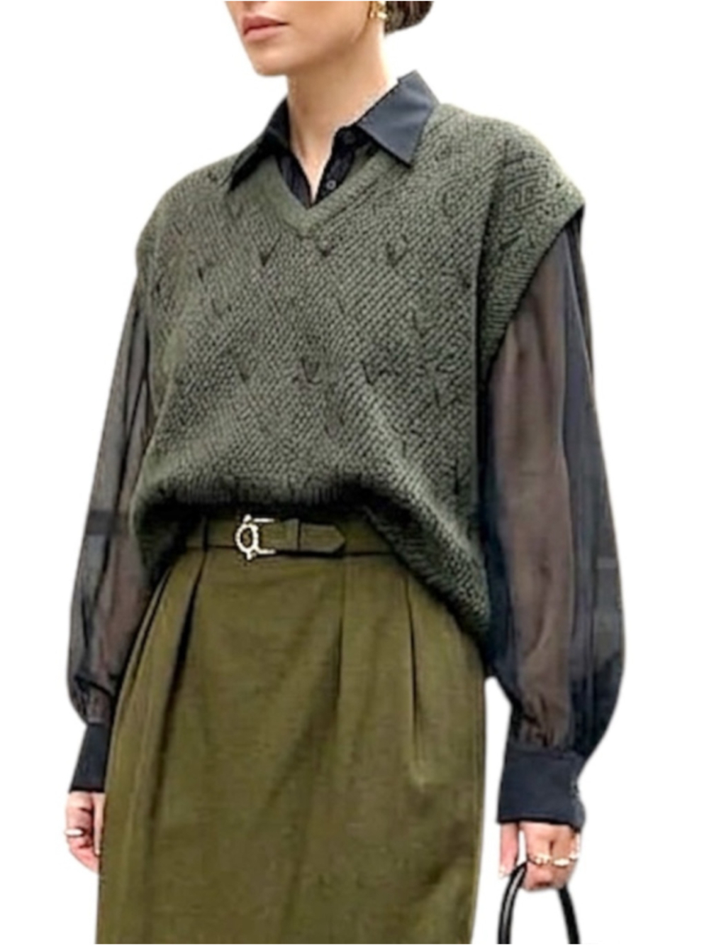 VTG 90s boxy oversized v neck green geometric pullover grandpa sweater vest L